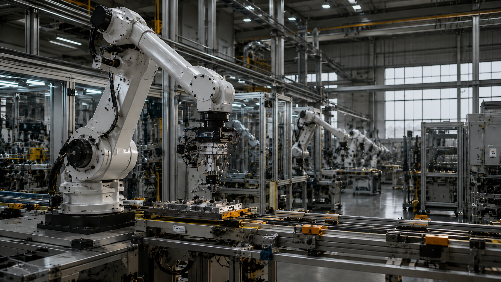 Planta industrial automatizada con robots para IA aplicada, datos, eficiencia operacional y trazabilidad